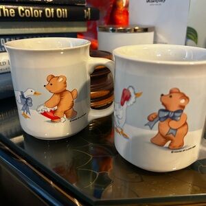 White Ceramic Teddy Bear & Duck Pair of Mugs- Cute County Christmas Cottage